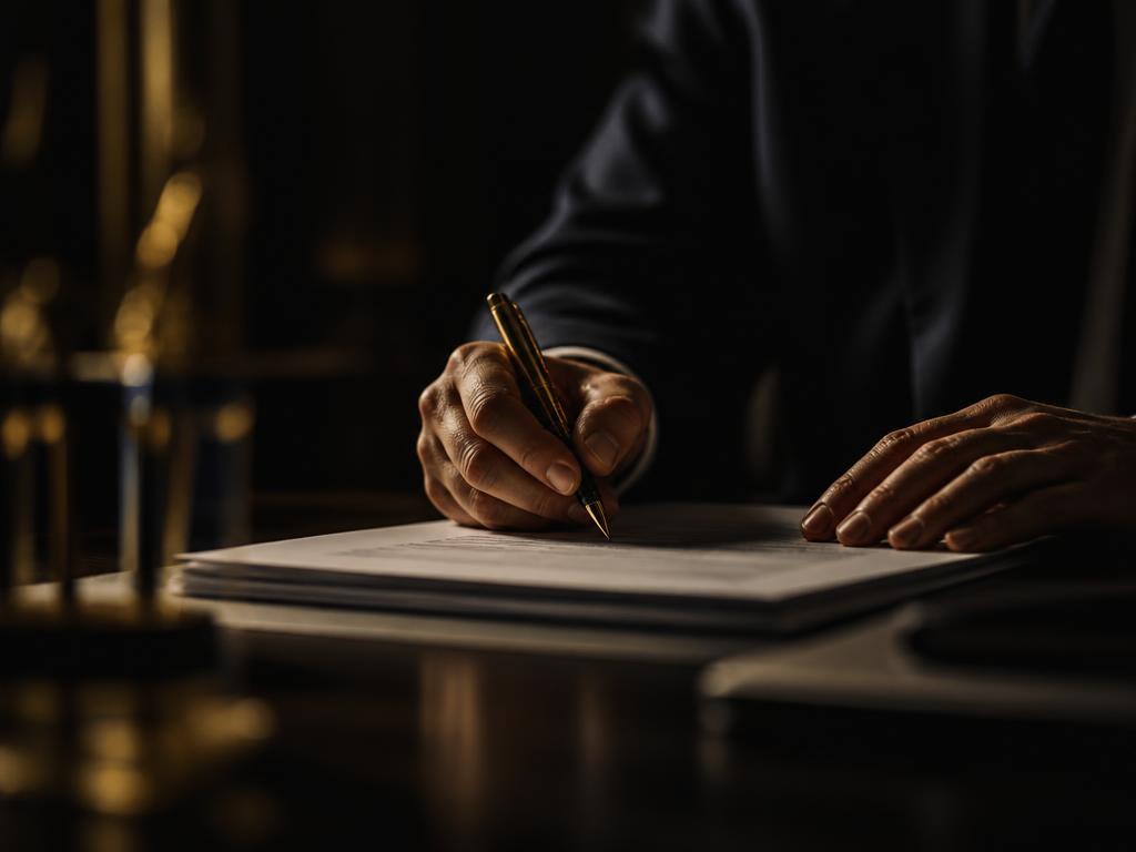 Hände unterzeichnen einen Vertrag mit goldenem Stift an einem dunklen Schreibtisch